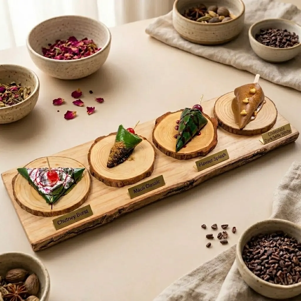 A Mauli paan flight - four handcrafted paans on a tasting board